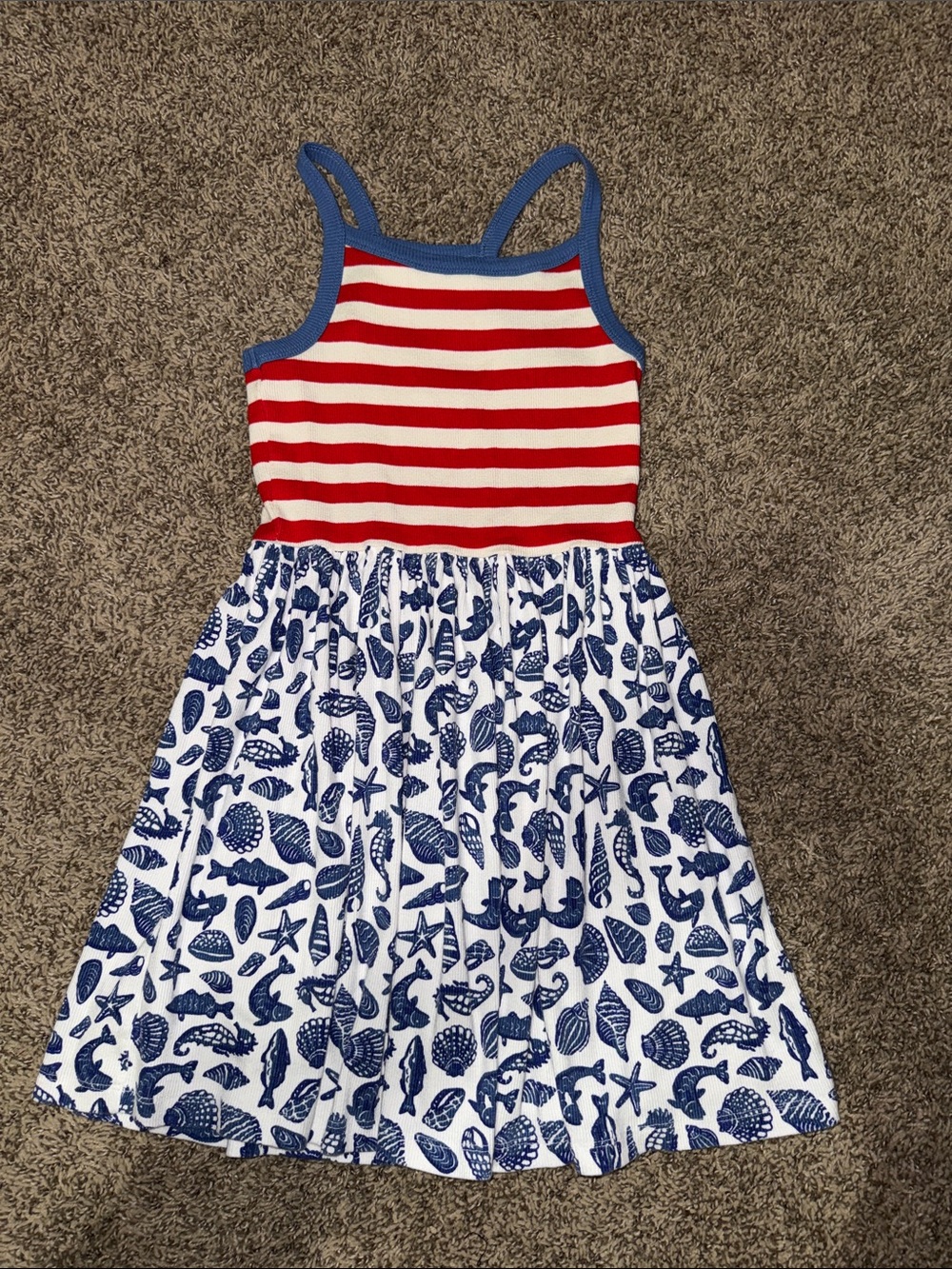 Mini Boden Girls Red & Blue Striped Shell-Print Sundress sz 6-7 year